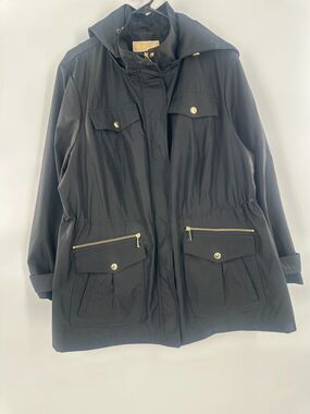 Michael Kors Black Hooded Anorak Jacket Cinched Waist Gold Hardware 2X Plus